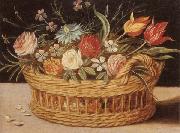 unknow artist Still life of roses,tulips,chyrsanthemums and cornflowers,in a wicker basket,upon a ledge China oil painting reproduction